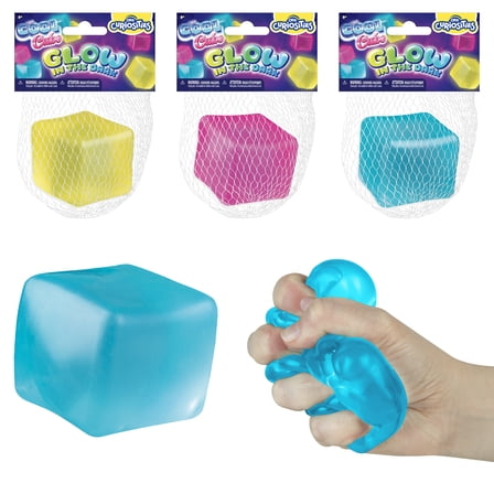ORB Curiosities Cool Cubes Glow in the Dark Stress Cube Toys 3 Pack - Fun, Glowing, Slow Rising Squishy Cube Toys - Fidget and Sensory Cubes for Kids and Adults - Squeeze At Home, Desk, or Classroom