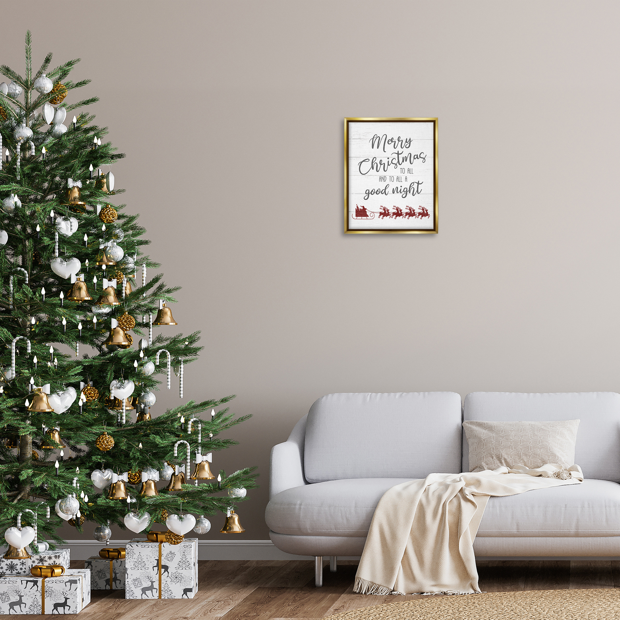 Stupell Industries To All A Good Night Christmas Holiday Painting Gold Floater Framed Canvas Art Prints Wall Art, 17 x 21