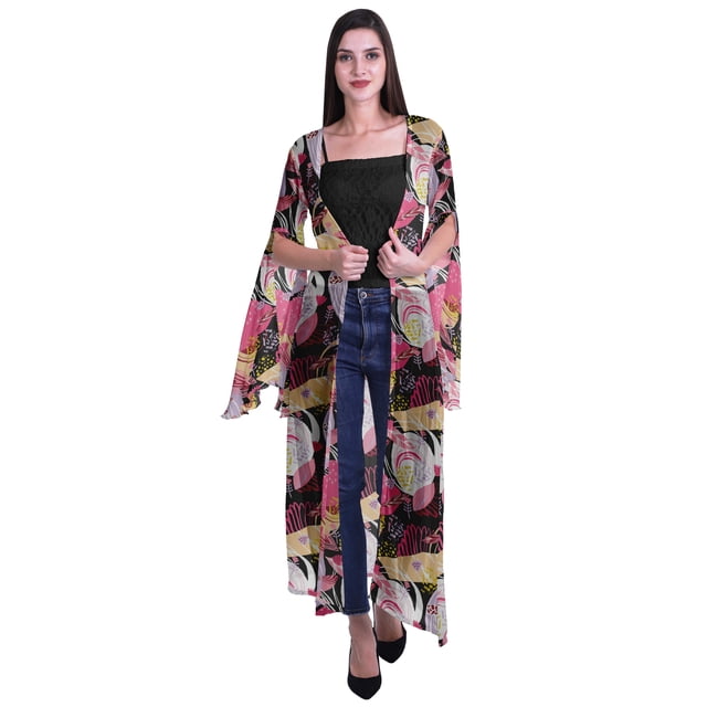 Moomaya Cardigan Long en Georgette de Viscose Imprimée à Manches Fendues pour Femmes