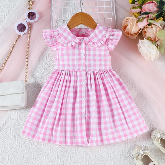 CUZIBR Toddler Girls Ruffles Sleeveless Dresses Classic Plaid Cartoon Bunny Floral Embroider Peter Pan Collar Button High Waist Pleated Dress Party Casual Summer Clothes Guest Dress,Pink,9-12 Months
