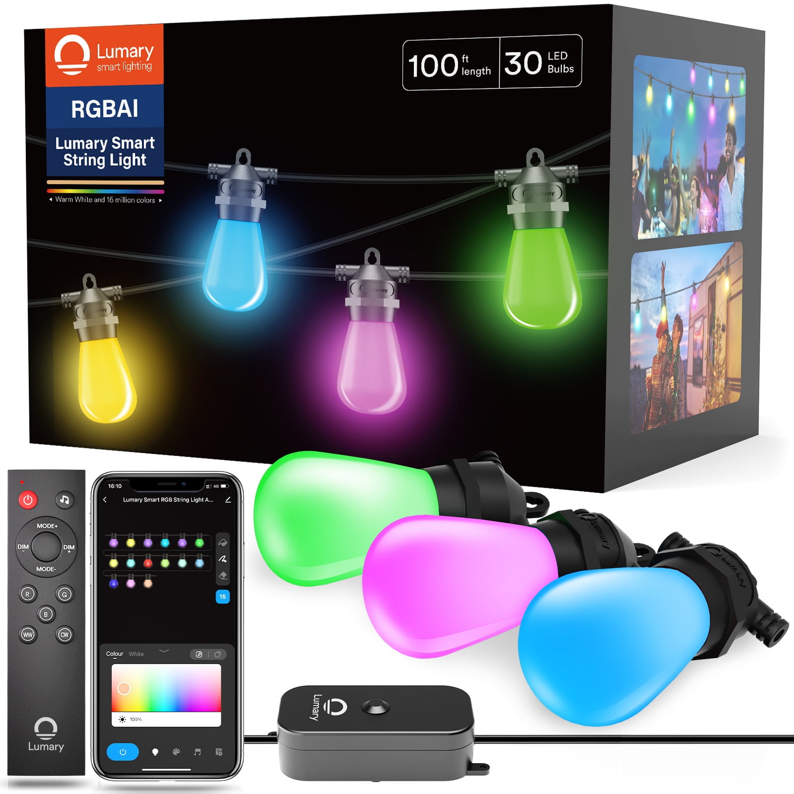 Lumary 100FT Smart Outdoor String Lights RGBAi Color Changing Patio