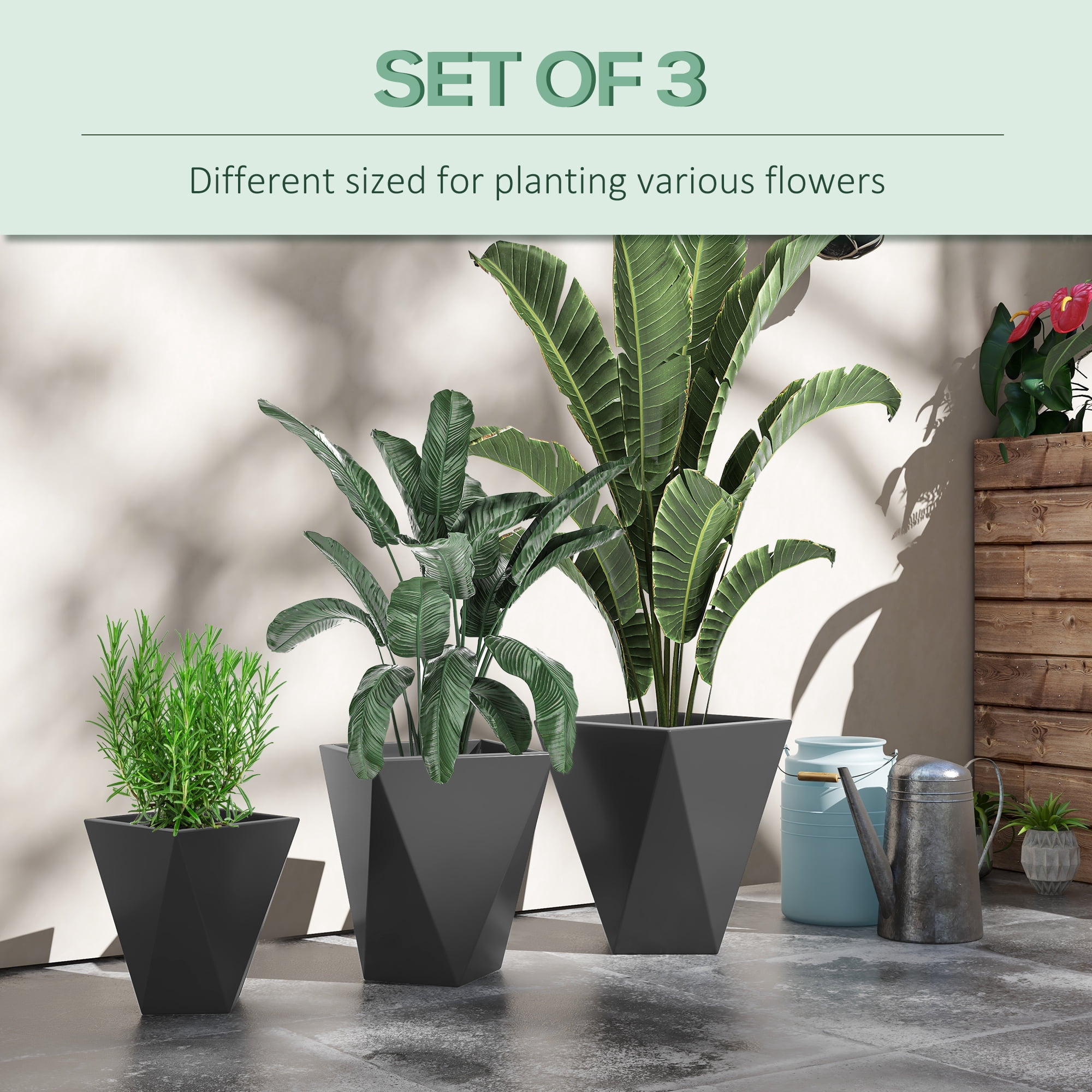 Outsunny Outdoor Planters Set of 3 with Drainage Holes, Flower Pots, Gray