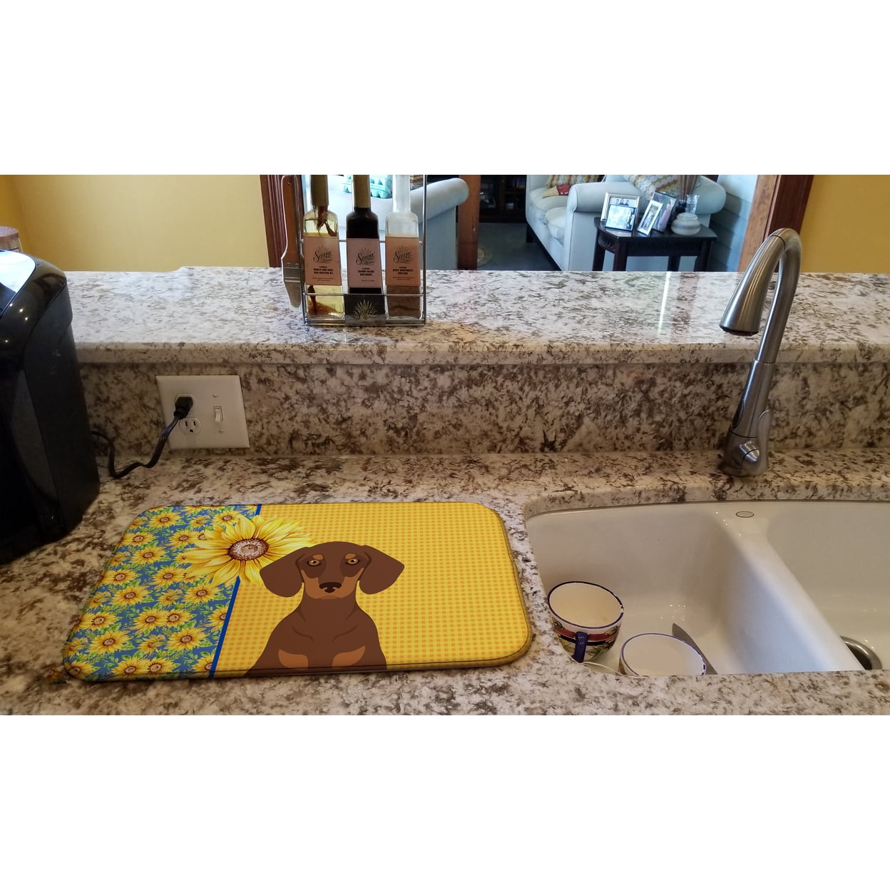 Carolines Treasures WDK5397DDM 21 x 14 in. Summer Sunflowers Chocolate & Tan Dachshund Dish Drying Mat