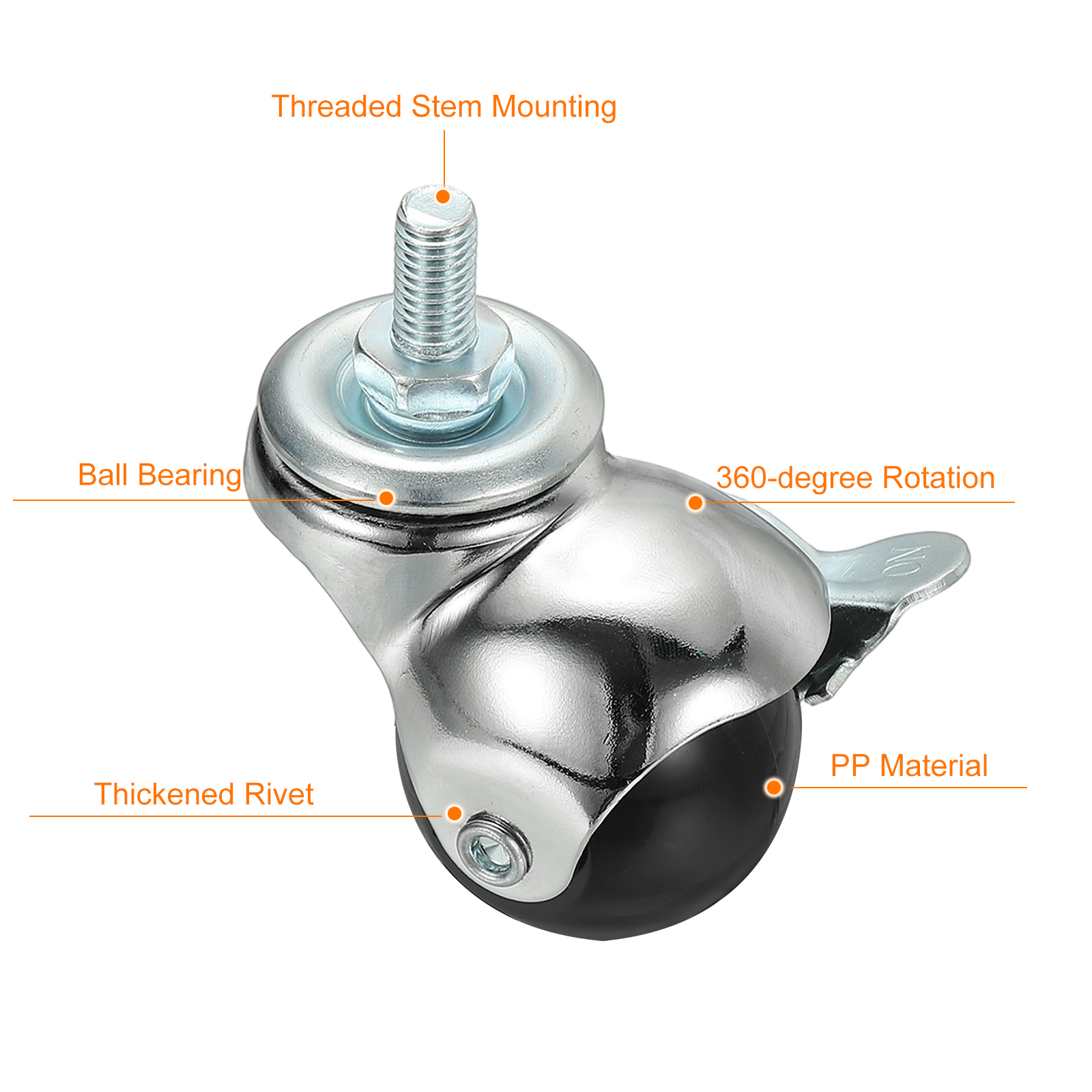 Uxcell 1.5" Ball Caster Wheels, 4 Pcs Threaded Stem Caster 360 Degree Rotatable Caster Wheels Brake for Furniture,Chrome