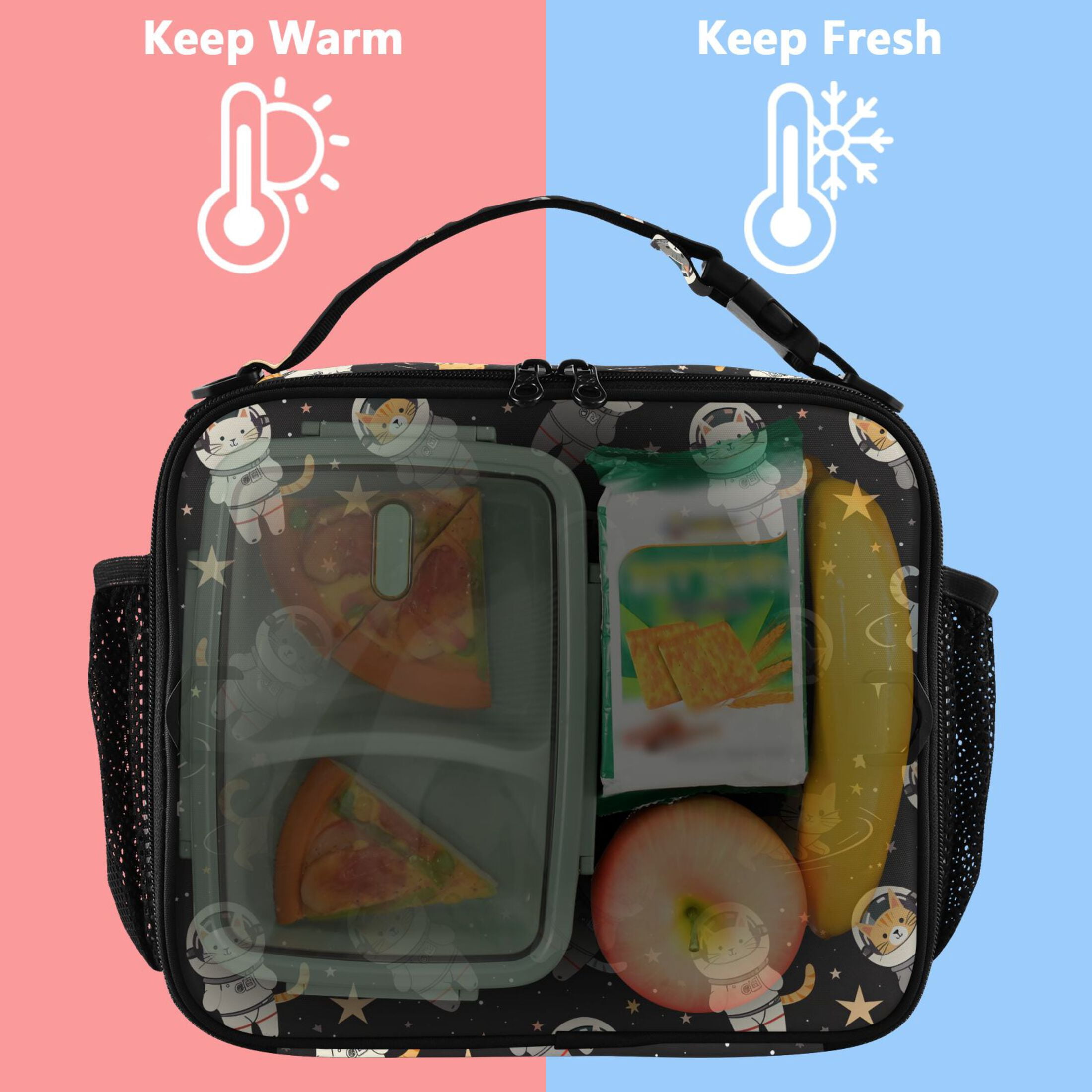 ALAZA Cats on Space Lunch Box Insulated Lunch Bag Cooler Tote with Shoulder Strap