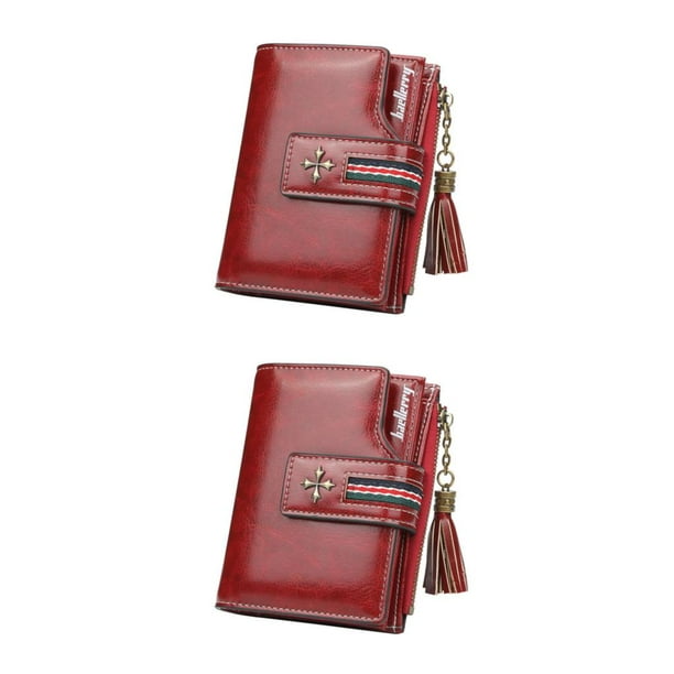 Cartera de Cuero Minnieouse con borla monedero plegable para almacenamiento de cambio de dinero bolsa para compras tarjetero Rojo oscuro 2piezas