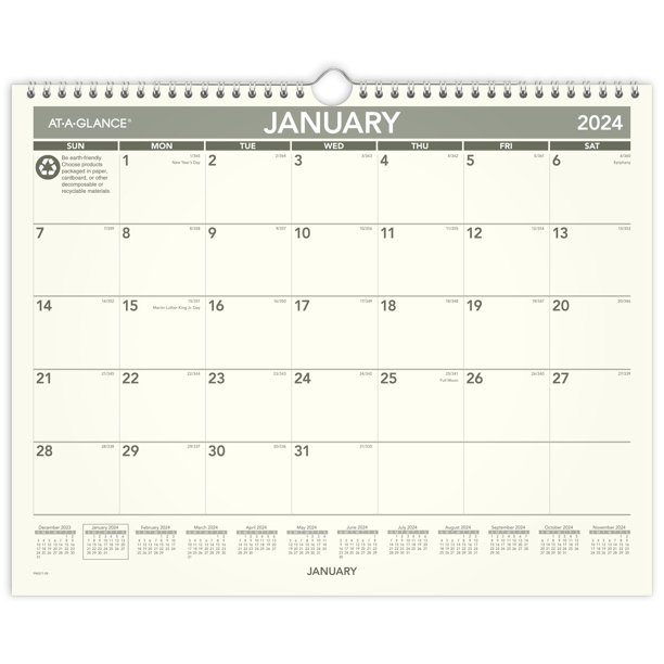 ATAGLANCE 2024 Recycled Monthly Wall Calendar Medium 15 x 12