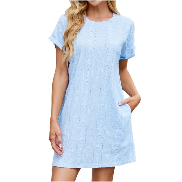 Staron Robes pour Femmes en Liquidation à Moins de 10 $ Robe à Oeillets à Col Rond Fluide et Ample Été Plage Manches Courtes Robe Trapèze Bleu Ciel TG