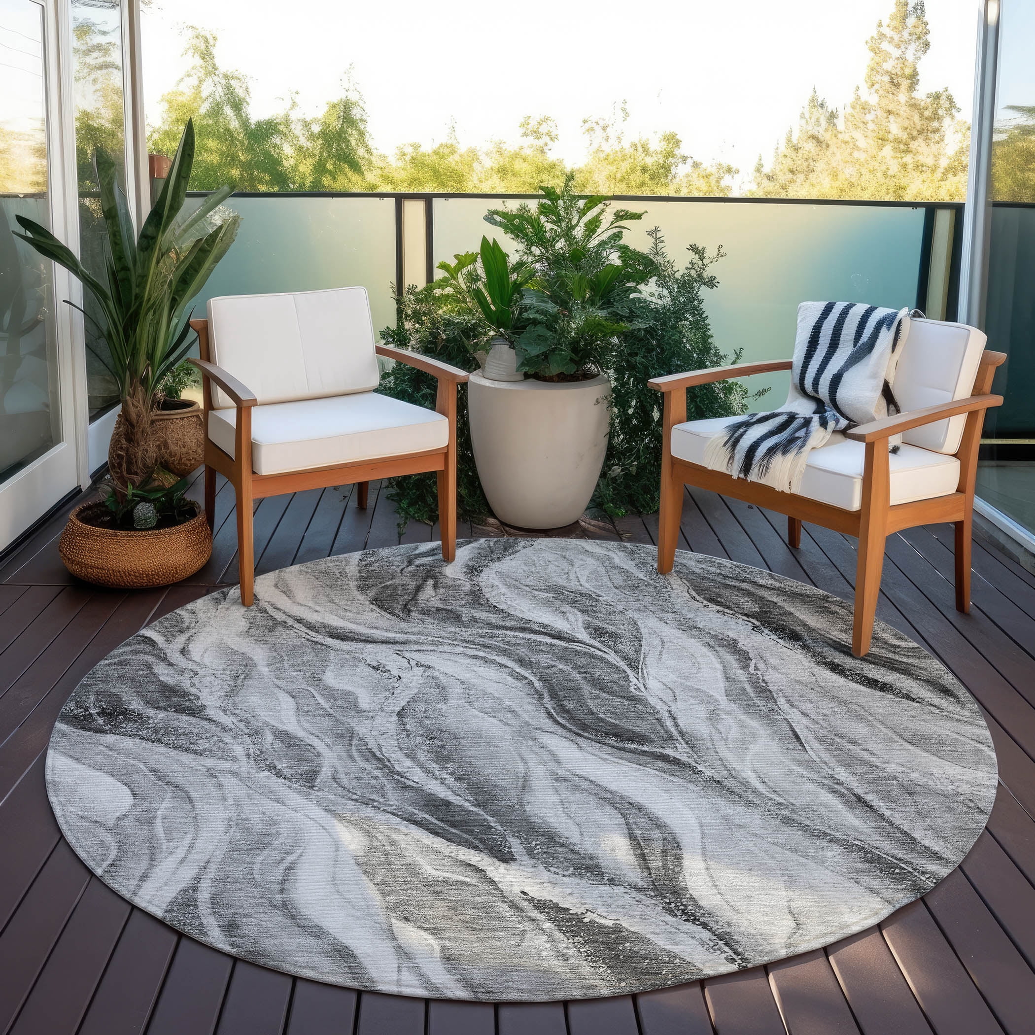 Addison Rugs Chantille Indoor/Outdoor Transitional Waves Gray Washable Round Rug, 8' x 8'