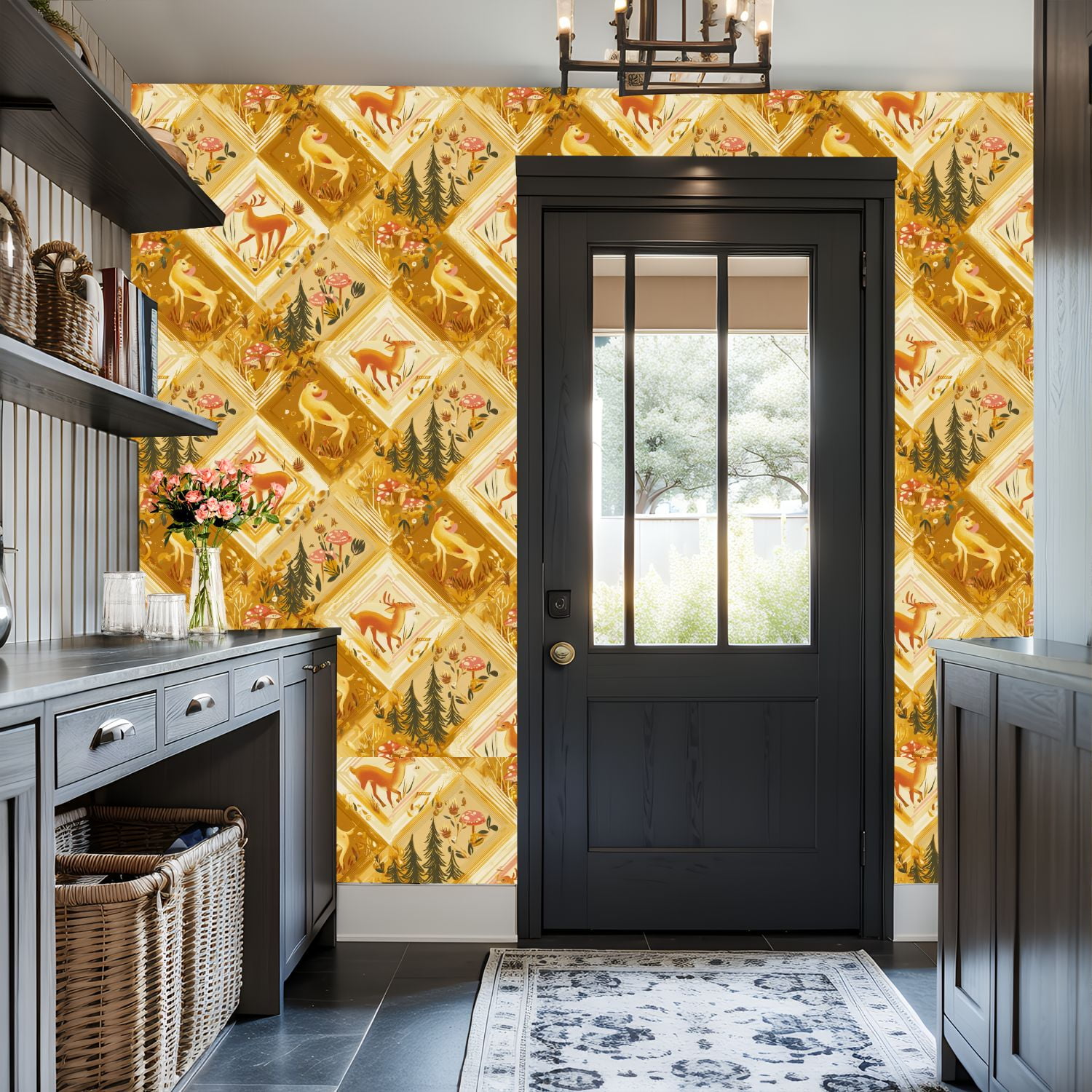 Hunt Peel and Stick Wallpaper 17.7in x 9.8ft Whimsical Forest Animals Deer Dog Mushrooms Golden Contact Paper Vinyl Waterproof Self Adhesive Wall Paper for Bedroom Shelf Cabinet Renter Friendly