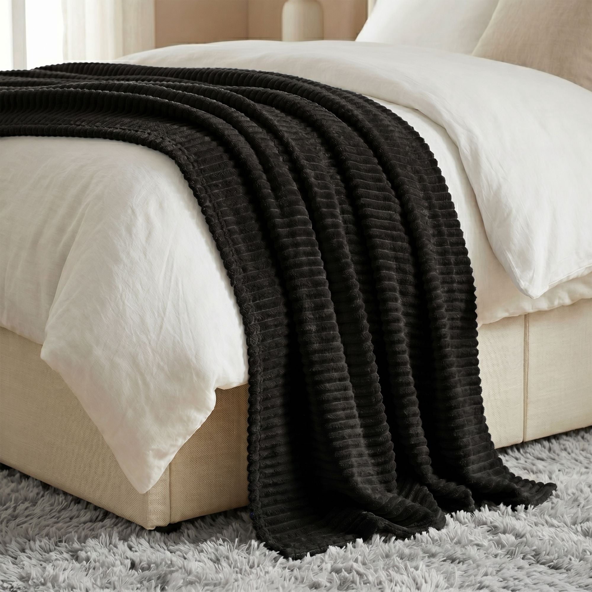 Superior Kacey Ribbed Fluffy Fleece Blanket, Full Queen Size, Black