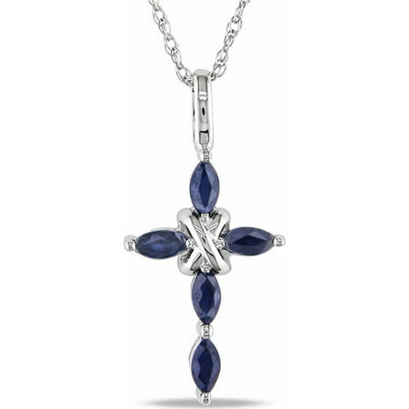5/8 Carat T.G.W. Sapphire 10kt White Gold Religious Cross Pendant, 17