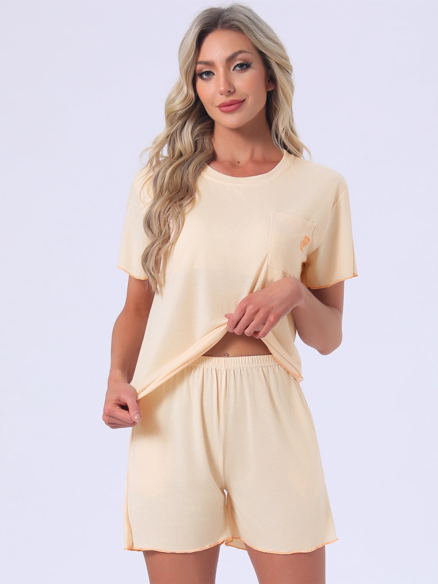 DARING DIVA Women's Pajama Set with Built-in Bra and Shorts Comfy Lounge Set XL Beige