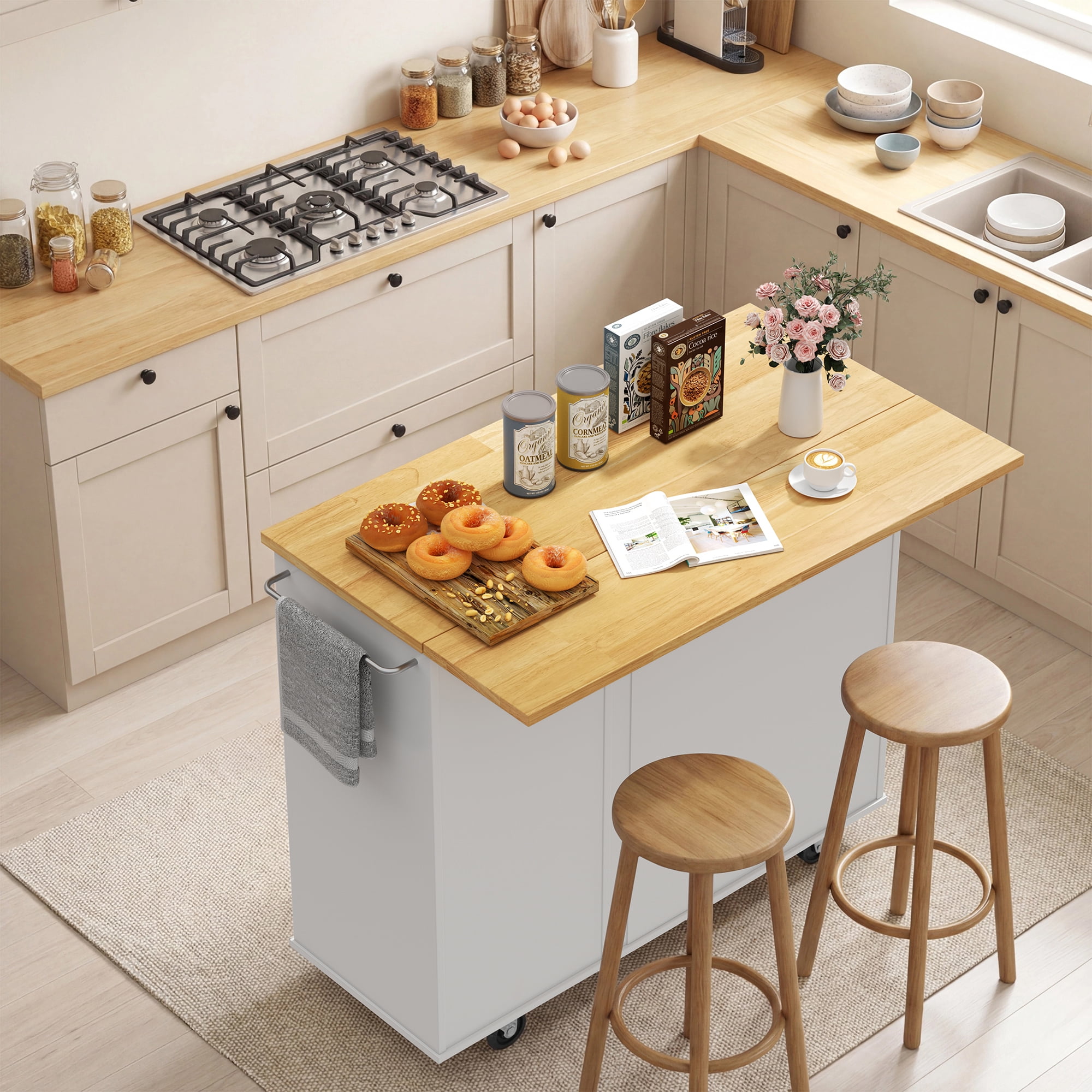 Walsunny 40" Kitchen Islands Carts with Storage Drop Leaf Countertop on Wheels Rolling Microwave Utility Carts with 3 Drawers 1 Storage Cabinets,White