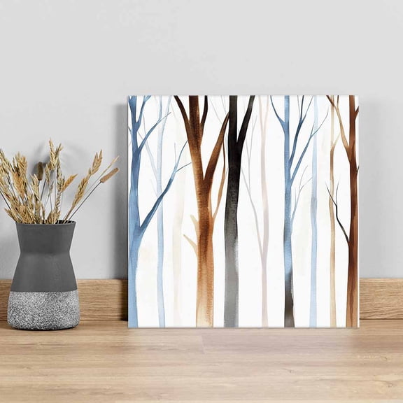Blue Brown Tree Wall Art Painting on Canvas, Watercolor Forest Art Canvas Art Home Prints Wall Art Framed Modern Artwork for Living Room Bedroom Wall Decor 16x16in