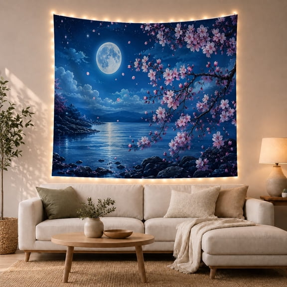 Full Moon Over Lake and Cherry Blossoms, Serene Japanese Inspired Style for Nature Lovers, Moon Wall Art, Housewarming Gift, Tapestry Wall Hanging for Bedroom and Living Room