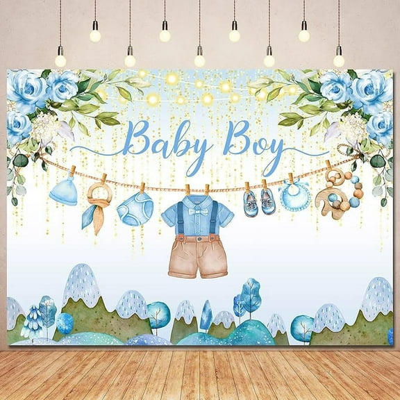 Blue Floral Baby Shower Backdrop Boy Baby Shower Decorations,Oh Baby Boy Outfit Backdrops Banner Watercolor Flower Photography Background for Baby Shower Party Supplies Photo Booth Props 7x5ft
