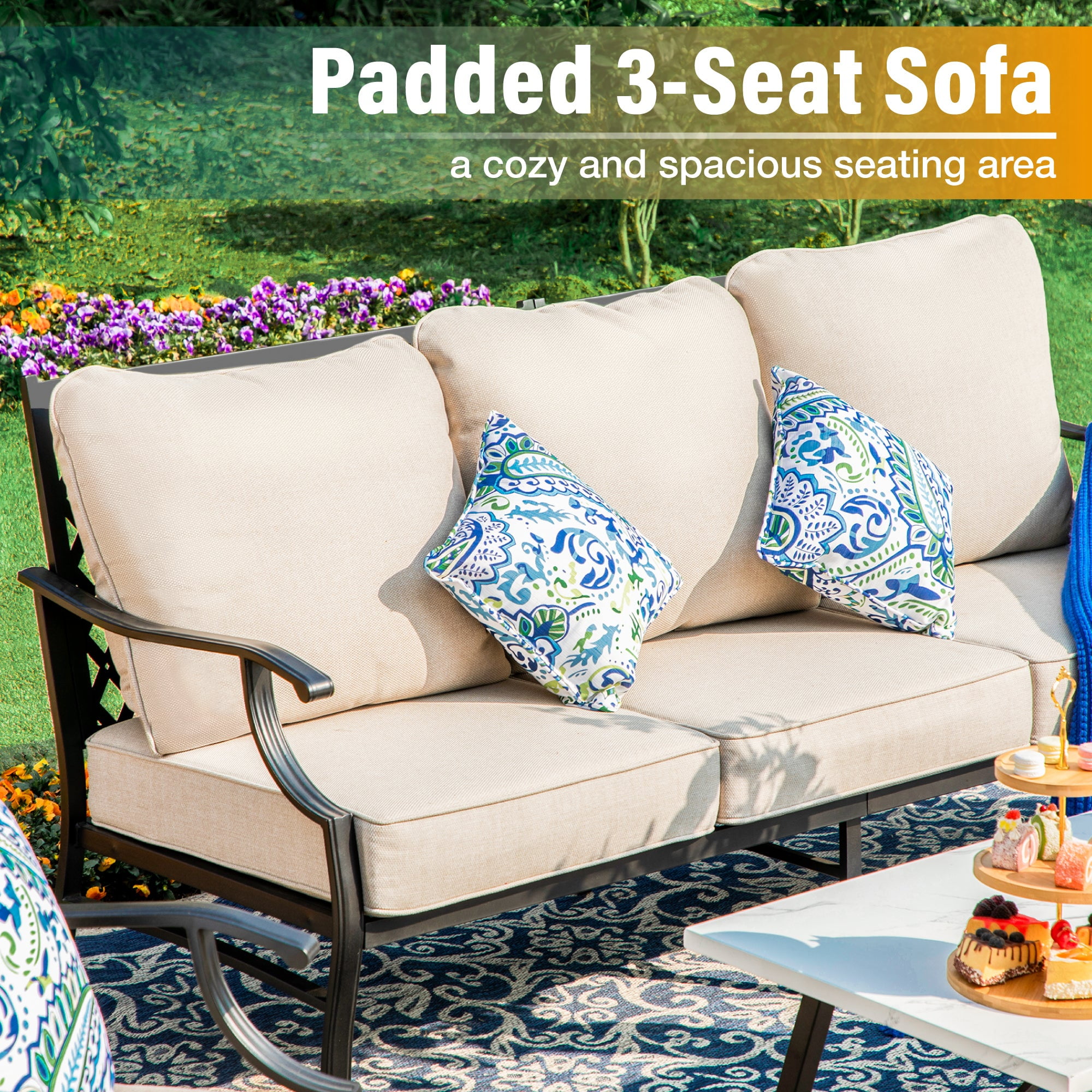 Sophia&William 6 Piece Patio Outdoor Furniture Sets Metal Conversation Set with Table and Swivel Chairs Outside Seating with 2 Ottomans, Beige