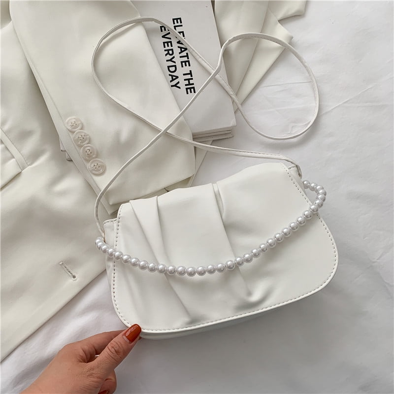 QWZNDZGR Summer Small Bag Women's 2022 New Korean Version Soft Leather  Pleated Pearl Chain Cloud Bag Single-Shoulder Cross-Arm Bag 