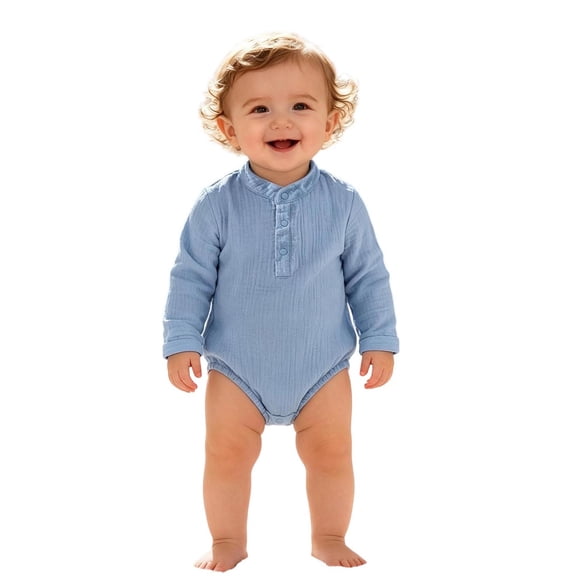 XAOFW Boys Girls Rompers Long Sleeve Crewneck Solid Color Button Bodysuits Breathable One-Pieces 9-12 Months