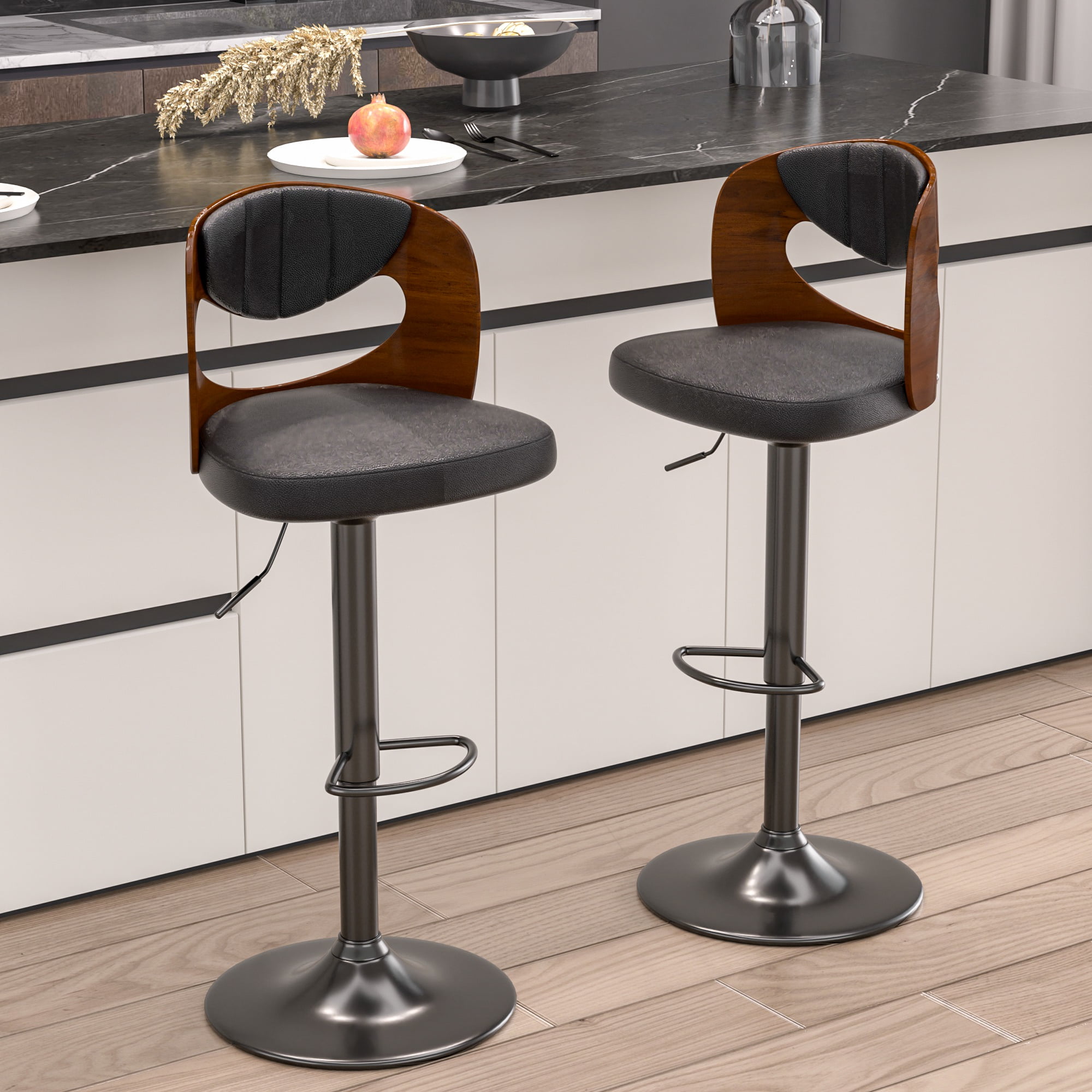 VECELO Mid-Century Bar Stools Set of 4, Modern Swivel and Adjustable Counter Height Kitchen Bar Chair with Bentwood Back, Black