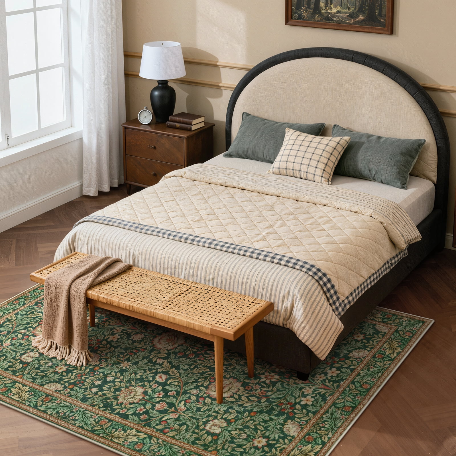 Lahome Non-Slip Washable 5x7 Area Rug, Boho Botanical Low-Pile Carpet for Living Room Dining Room Bedroom and Home Office, Ultra Thin Indoor Mat in Olive Green