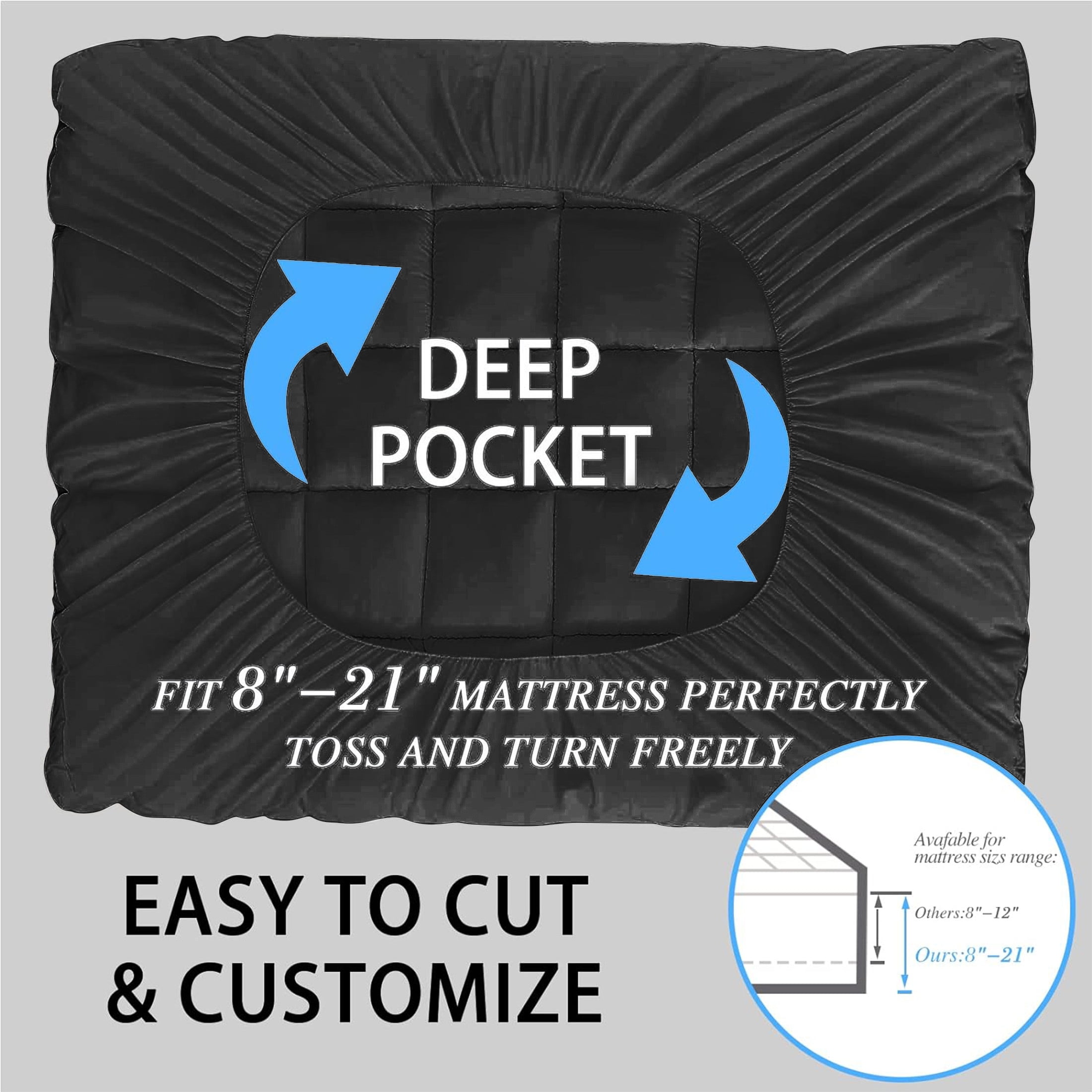 Teler Mattress Topper Queen Size for Back Pain, 400TC Extra Thick Mattress Pad Pillow Top, Quilted Fitted Mattress Protector Cover with 8-21" Deep Elastic Pocket, Soft & Breathable, Black