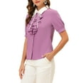 thumbnail image 4 of INSPIRE CHIC Women's Contrast Collar Tie Ruffle Front Button Short Sleeve Work Shirt S Purple, 4 of 5