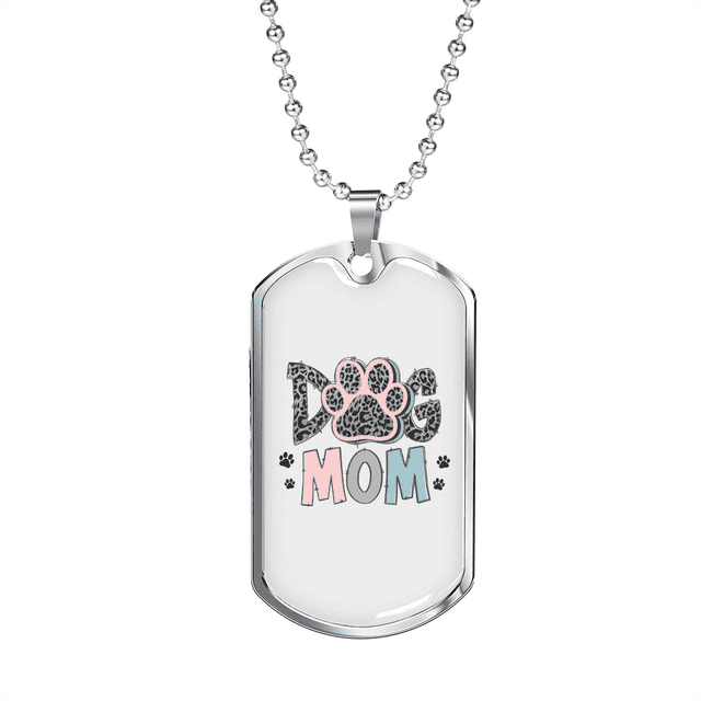 Mom Dog Paw Necklace Stainless Steel or 18k Gold Dog Tag 24" Chain