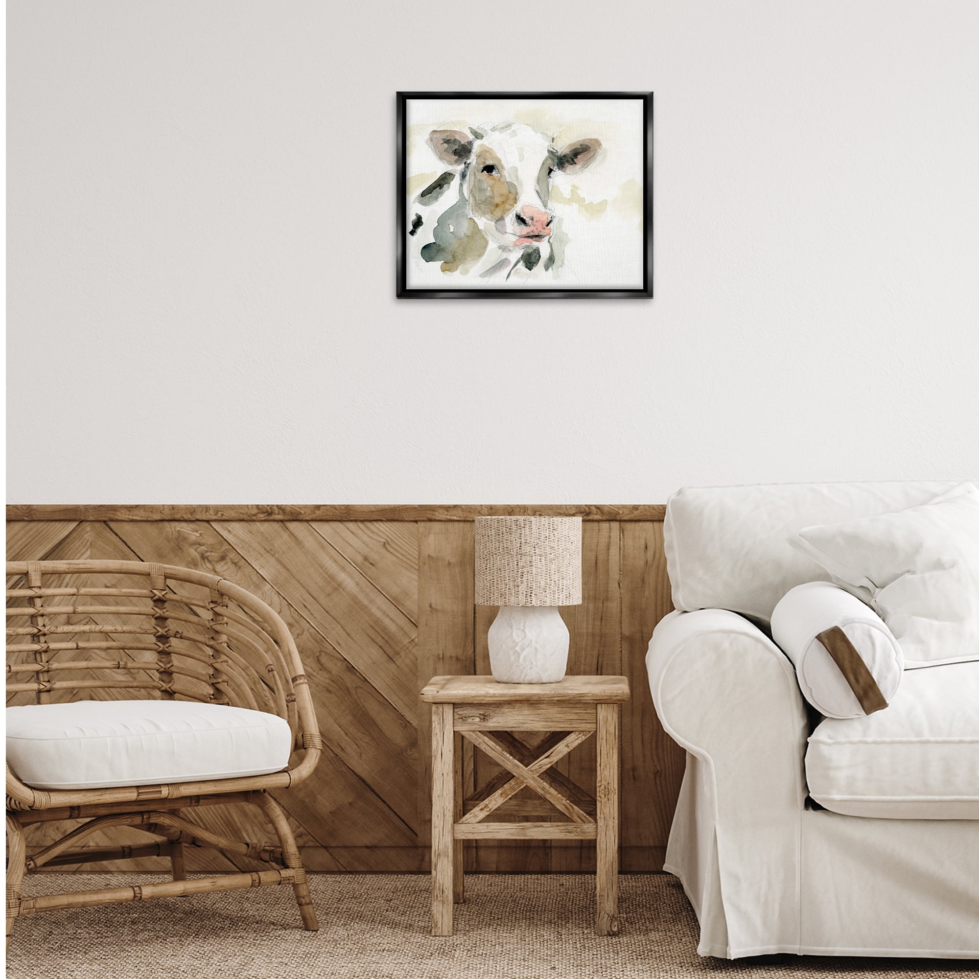 Stupell Industries Soft Watercolor Cow Animals & Insects Painting Black Floater Framed Canvas Art Print Wall Art, 21 x 17