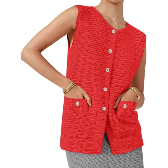 Womens Sleeveless Button Down Round Neck Knitted Tank Tops Casual Cardigan Sweater Vest