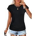 thumbnail image 2 of T-shirts d'Été pour Femmes Froncés à Manches Courtes Style Cap, T-Shirts à Col Rond, Mode, Noir, P, 2 of 8