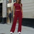 thumbnail image 5 of Bloomae Women 2 Piece Lounge Sweatsuit Sets Casual Summer Short Sleeve Crewneck Basic Cropped T-Shirts and Drawstring Elastic Waist Wide Leg Sweatpants Matching Tracksuit Outfits Wine L, 5 of 9