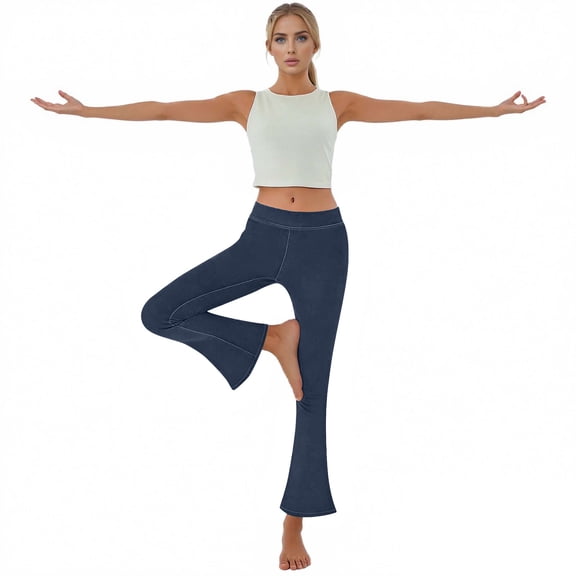 Bloomae Stretchy Jeans for Women High Waist Flare Jeggings Leggings with Back Pockets Loose Wide Leg Tummy Control Bootcut Bell Bottom Faux Denim Pants Blue S