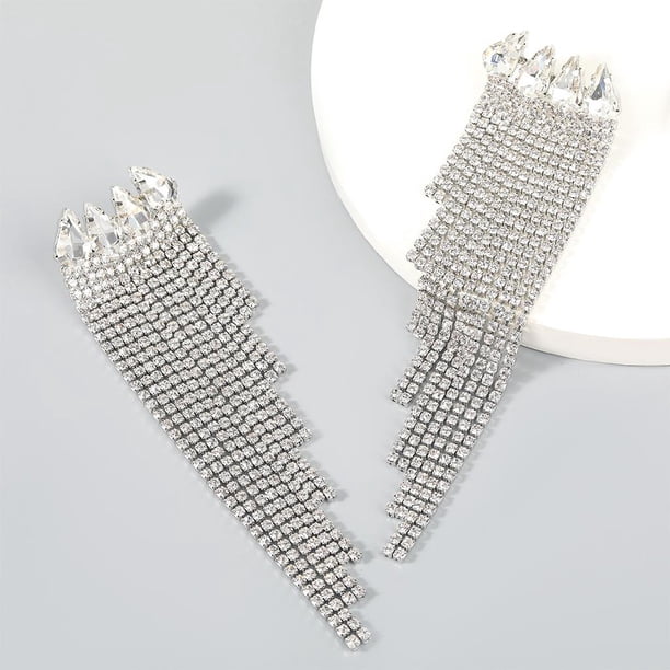 Borla larga Diamante de imitación completo, Pendientes colgantes, Moda / Pendientes de moda para mujer Pendiente para damas de plata Yinane Pendientes largos de borla