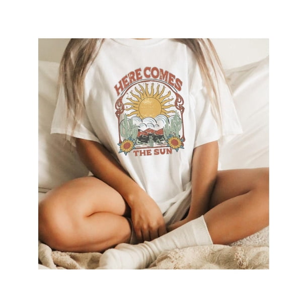 Camiseta de verano para mujer Suave elegante con Cuello redondo1pc Vintage Sunset Graphic Tee, Women'S Casual Round Neck Short Sleeve T-Shirt, Polyester Knit Summer Top with Geometric Pattern Design