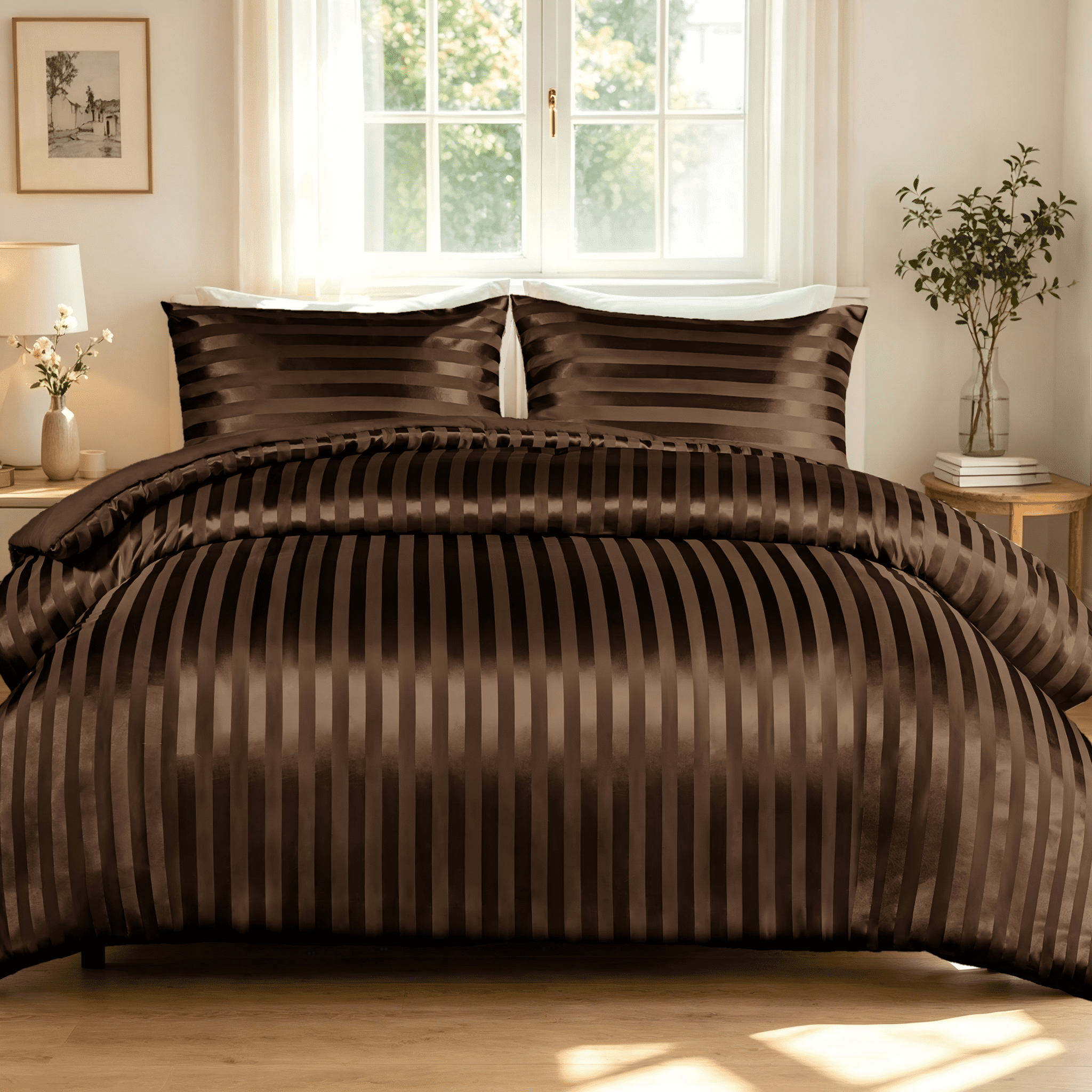 Whale Flotilla 3-Piece Luxury Stripe Satin Queen Size Comforter Set, Reversible Silky Soft Bedding Set with 2 Pillowcases, Lightweight All-Season Comforter, Brown