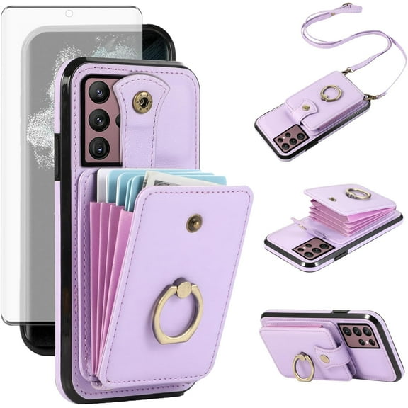 REQO Phone Case for Samsung Galaxy S22 Ultra 5G Wallet Cell Cover with Screen Protector Crossbody Strap Ring Stand RFID Credit Card Holder S22ultra 22S S 22 S22ultra5g 6.8 Women Girls Purple