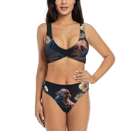 Zeuib White Purple Flower Chicken High Waisted Tummy Control Bikini Set - Knot Front Push Up Top & Cheeky Thong Bottom  Two-Piece Swimsuit for Women-Medium