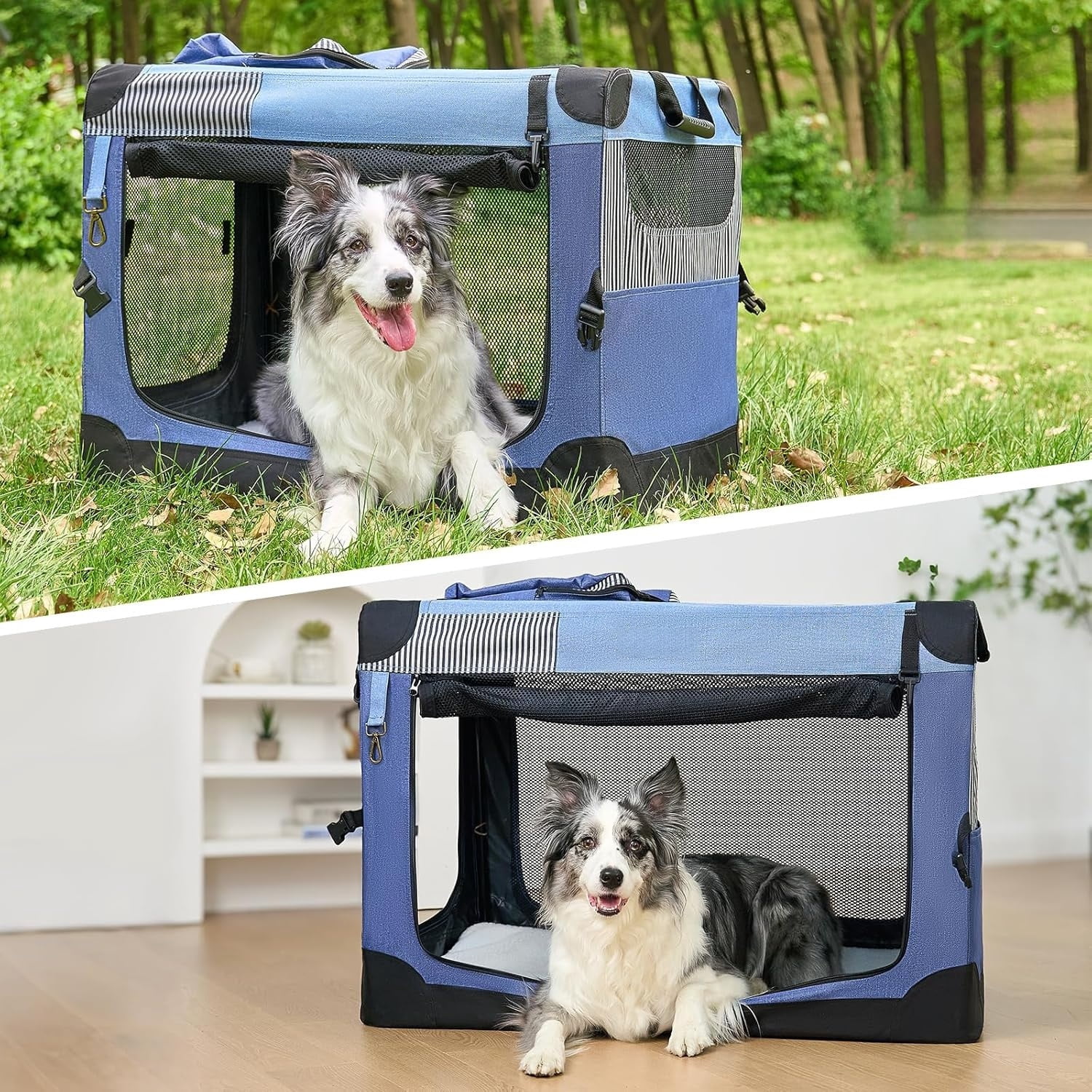 Nomipaw 36 Inch Portable Dog Crate Soft Collapsible,3-Door Blue Travel Pet Crate for Small/Medium Dogs Indoor & Outdoor with Durable Mesh Windows & Storage Bag