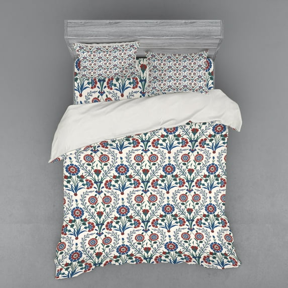Ambesonne Ethnic Bedding Set 4 Pcs, Old Floral Leaf Ornament, Queen, Maroon Teal