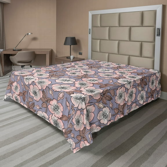 Ambesonne Vintage Flat Sheet, Poppy Buds Garden Art, Queen Size, Mauve Blush