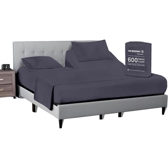 SGI Bedding 36" King Split Top Flex Head sheet 100% Egyptian Cotton Sheet Set - 600 Thread Count Flex Top Sheet for Adjustable Bed 4 Piece Sheet Set 15" Deep for Sleep Number bed - Dark Gray