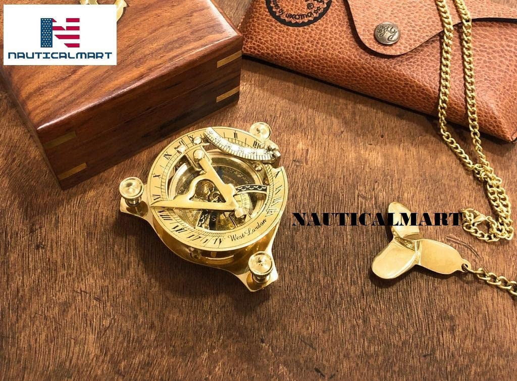 3.75" Brass Sundial Compass with Nautical Wooden Box