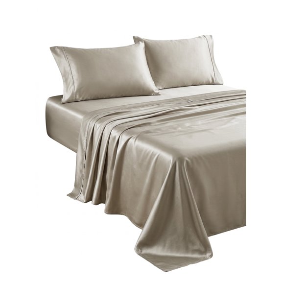 Silk Satin Sheets, Queen Size Satin Bed Sheet Set Deep Pockets Cooling Soft Hypoallergenic Satin Sheets Queen, Taupe
