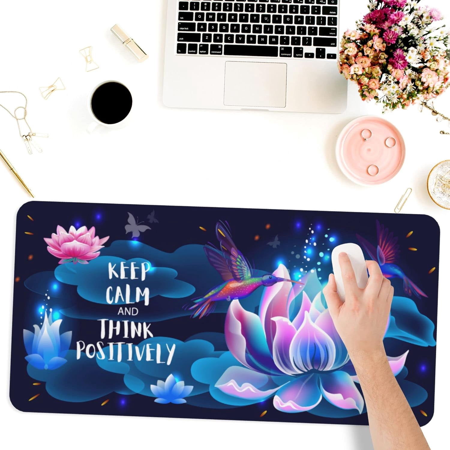 Desk Mat,Hummingbirds and Lotus Extended Gaming Mouse Pad for Office Work & Game,Computer Keyboard Mouse Mat Desk Non-Slip Rubber Base Large Mousepad with Stitched Edges, 31.5x15.7inch