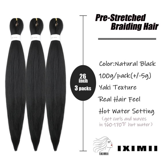 WEIF-Black Pre Stretched Braiding Hair 26 inch 3 packs #1B Prestretched Braids Hair Soft Straight Synthetic Braids Yaki Texture Hair Extensions