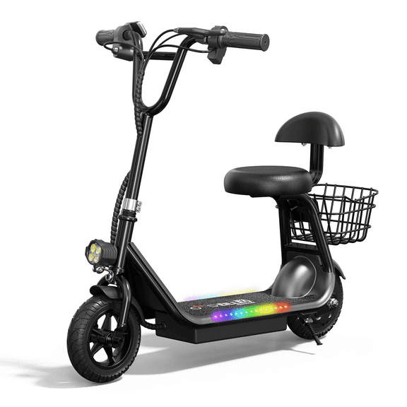 EB008 Electric Scooter for Kids with Seat, Up to 6 Miles Range, Bluetooth Speaker & Rainbow LED Lights - Aged 4-8 Kids Scooter with Rear Basket, 132lbs Max Load