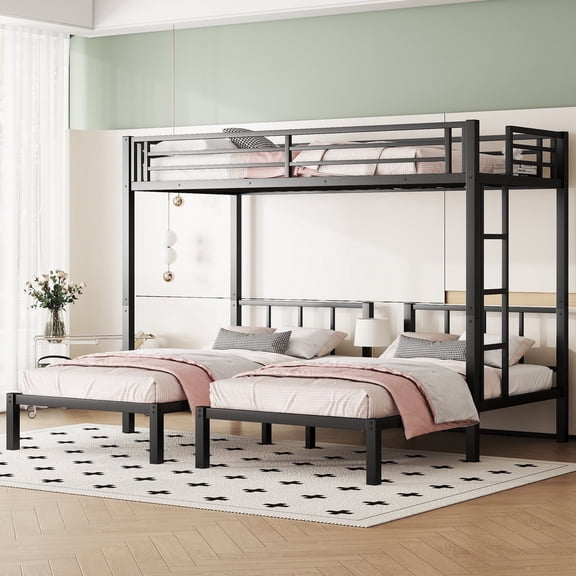 Triple Bunk Bed, Twin over Twin & Twin Metal Bunk Bed Frame, Detachable into 3 Separate Twin Beds, with Guardrails and Ladder, Black, Ships in 2 Boxes