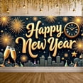thumbnail image 3 of Golden Lettering Happy New Year Banner Firework Design New Year Display Clock Champagne Glasses Festive Backdrop for New Year Party Holiday Gathering Indoor Decoration, 3 of 9